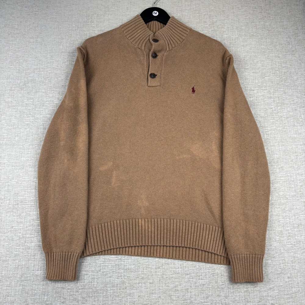 Polo Ralph Lauren Mens Large Tan Button Mock Neck Sweater Red Pony Logo